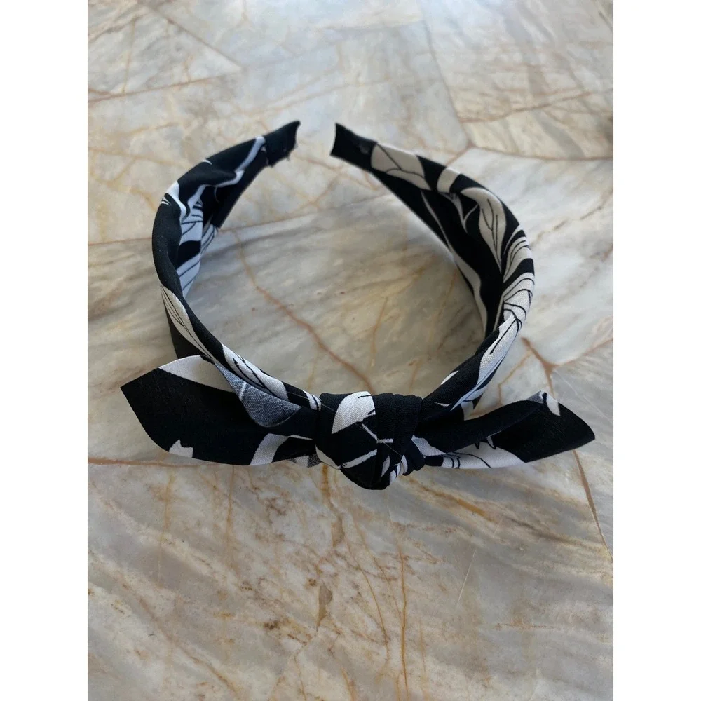 Black White Floral Top Knot Headband Fabric Wrapped Botanical Print Hair Band